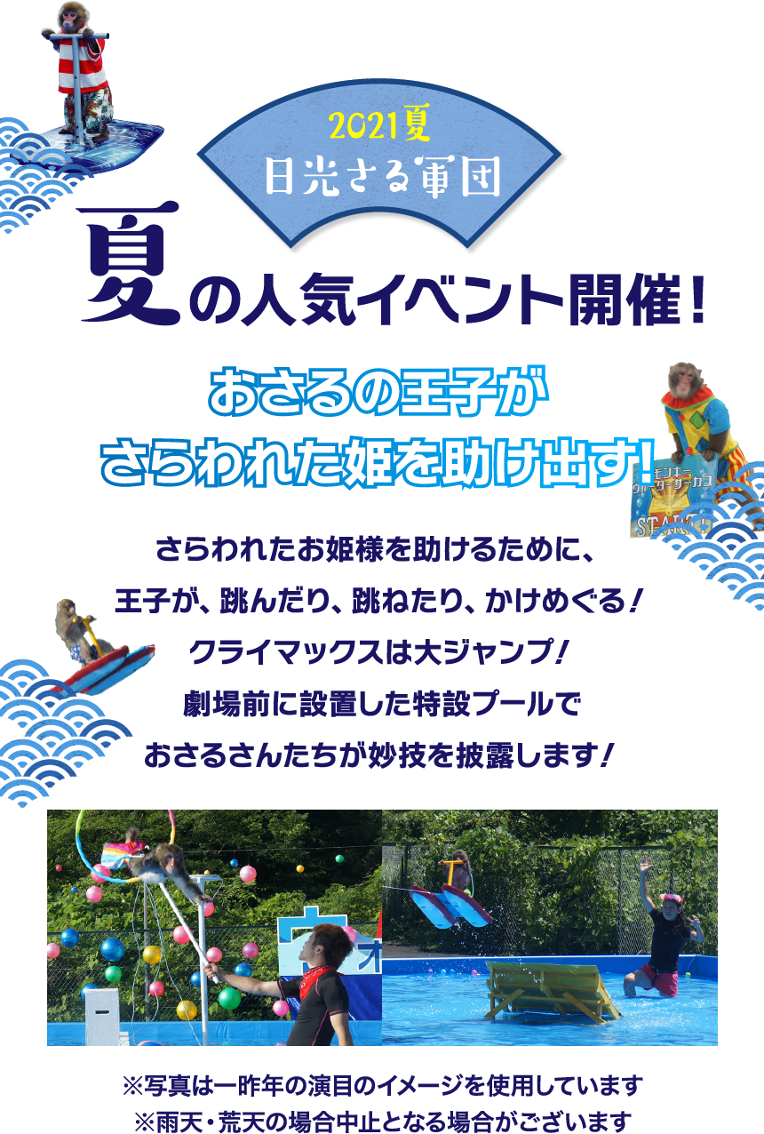 2021夏 日光さる軍団「夏の人気のイベント開催！」 おさるの王子がさらわれた姫を助け出す！さらわれたお姫様を助けるために、王子が、跳んだり、跳ねたり、かけめぐる！クライマックスは大ジャンプ！劇場前に設置した特設プールでおさるさんたちが妙技を披露します！